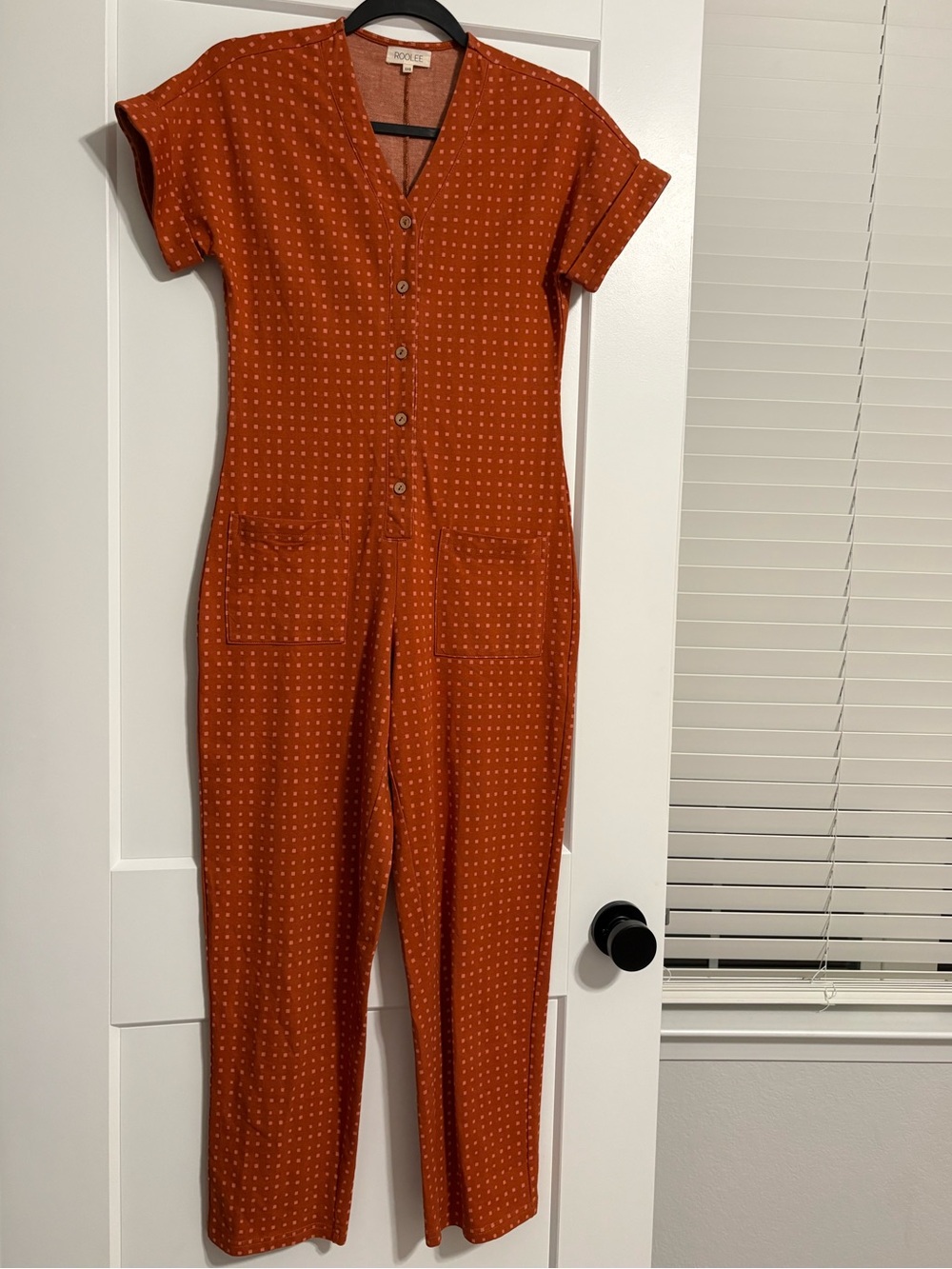 Roolee Rust Short-Sleeve Button Front Jumpsuit with Dot Print